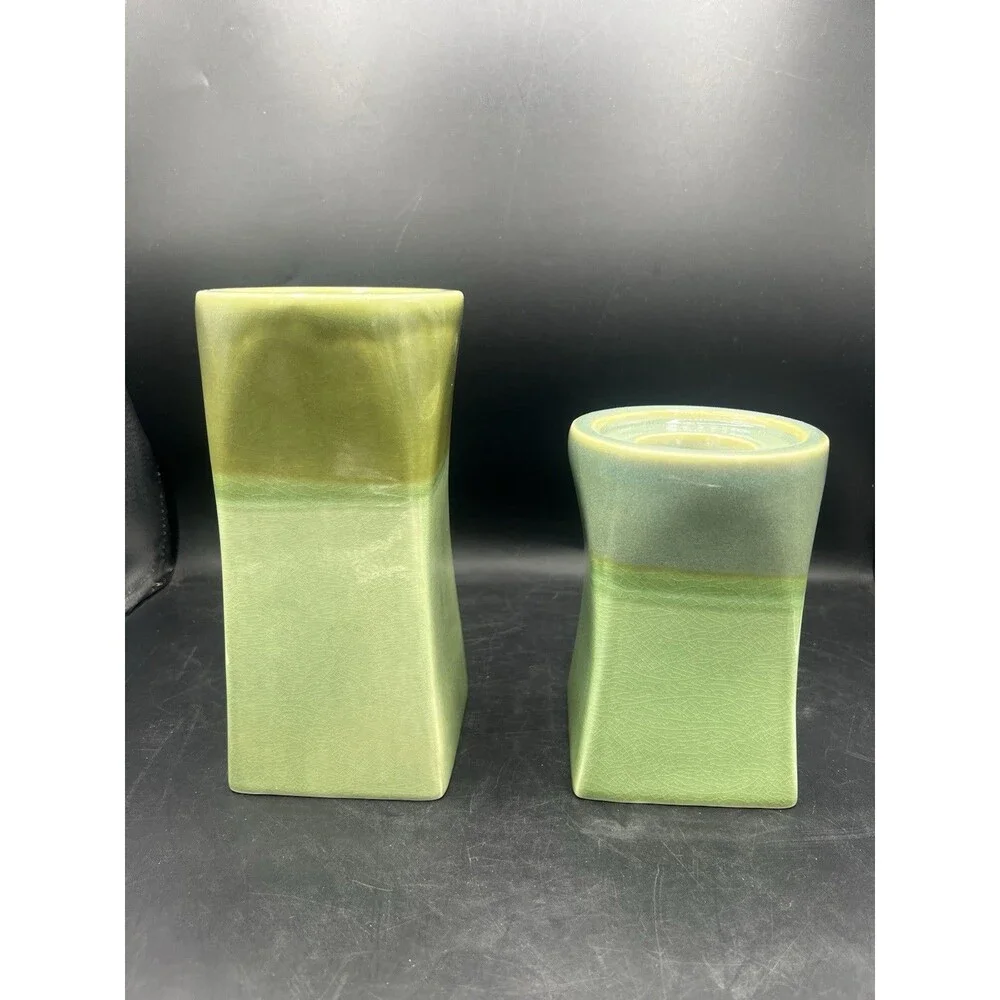 PartyLite Nature’s Garden Green Crackle Glaze Ceramic Candle Holders Set of 2